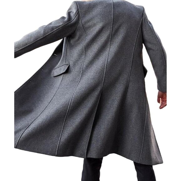Men's Grey Slim Fit Notched Collar Long Casual Trench Coat with Pocket - Picture 2 of 6